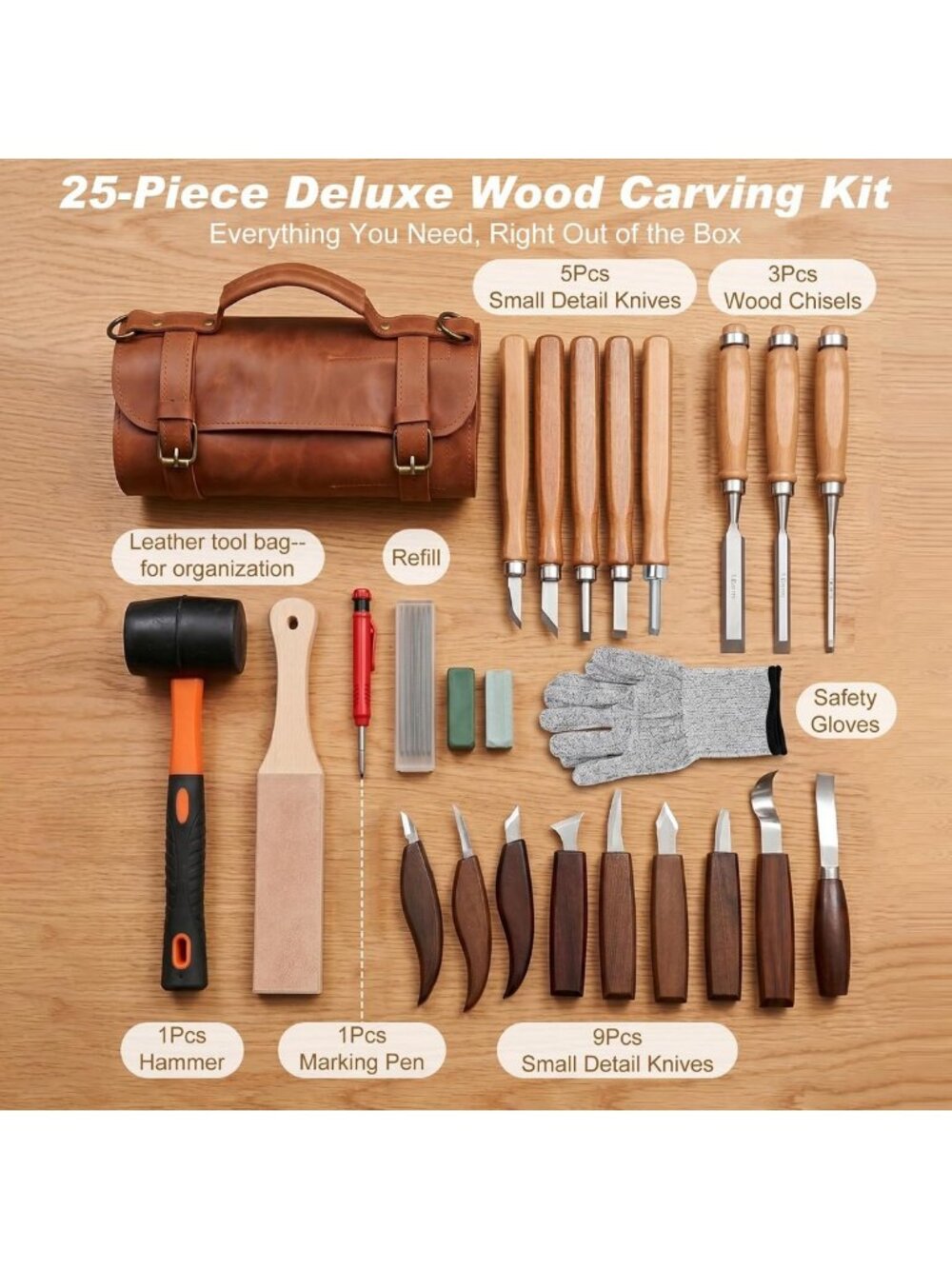 25-Piece Wood Carving Tool Set with Leather Storage Bag - Perfect for Beginners - Picture 3 of 7